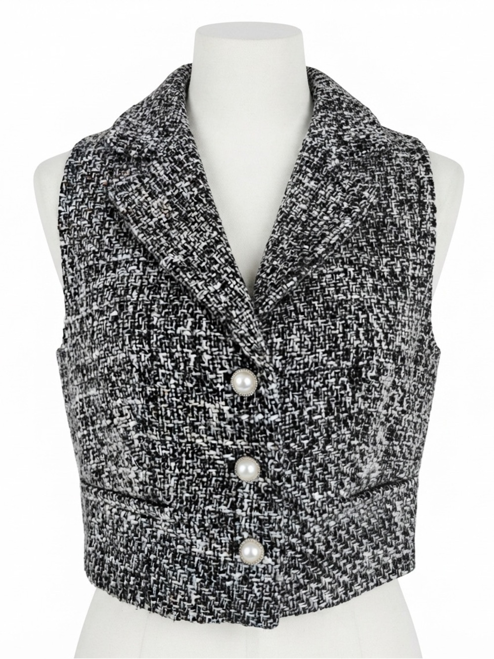 Joie Cropped Tweed Vest Black White Pearl Button Accent V-Neck 8